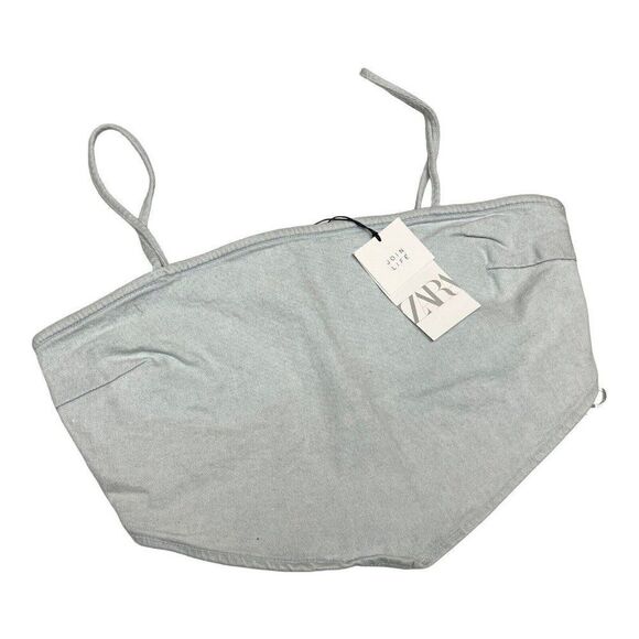 Zara Top Women’s XL Blue Denim Cropped Bandana Zipper Y2K Spaghetti Straps - Picture 8 of 8